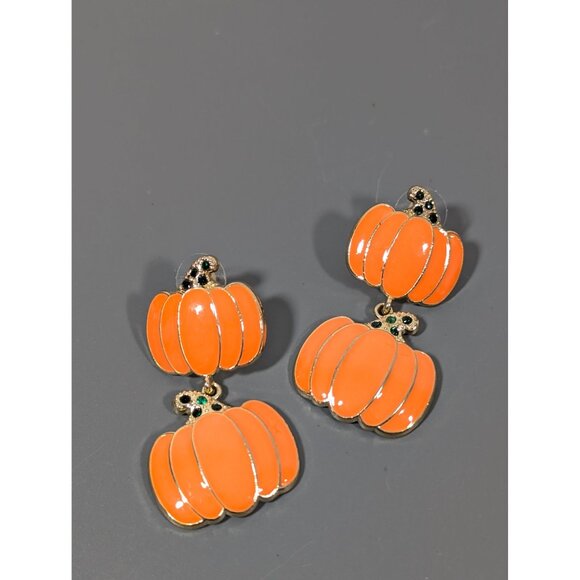 Orange Pumpkin Stacked Dangle Pierced Earrings Halloween Fall Autumn - Picture 2 of 6